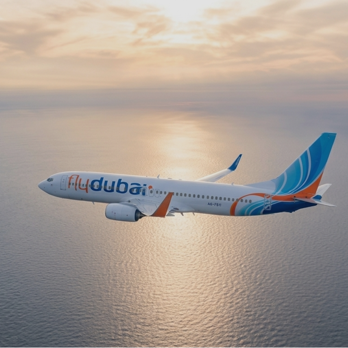 Flydubai aircraft in flight over the sea at sunset, used as a visual in the case study on Russia-Promo.
