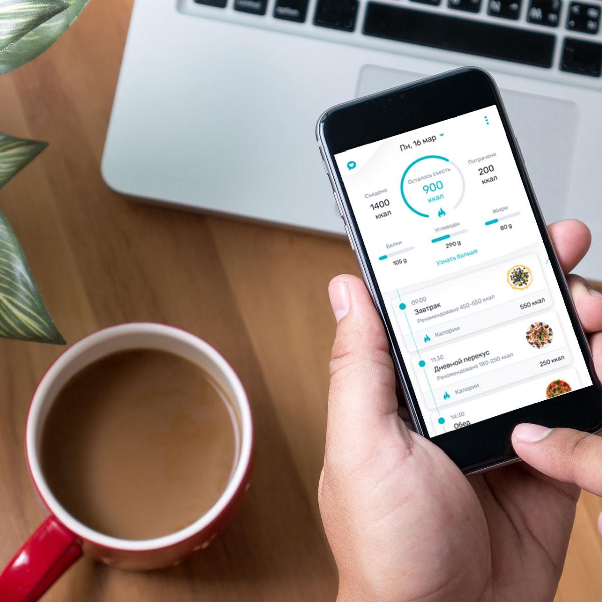 User holding a smartphone with a nutrition tracking app interface, used as a visual in the case study on Russia-Promo