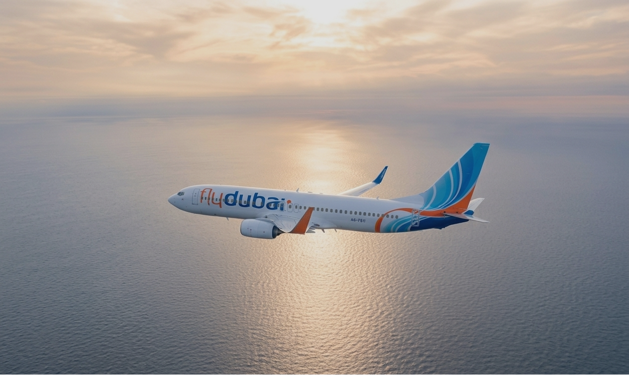 Flydubai aircraft in flight over the sea at sunset