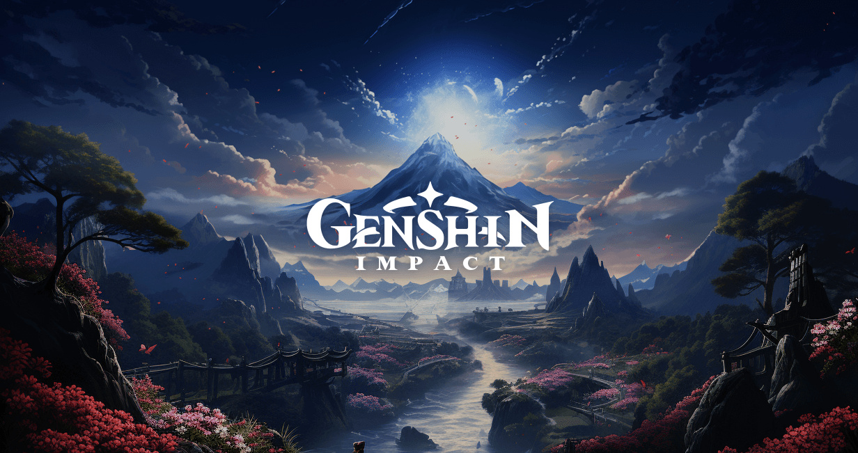 Key visual for Genshin Impact featuring a fantasy landscape with mountains and logo, used in the case study on Russia-Promo.