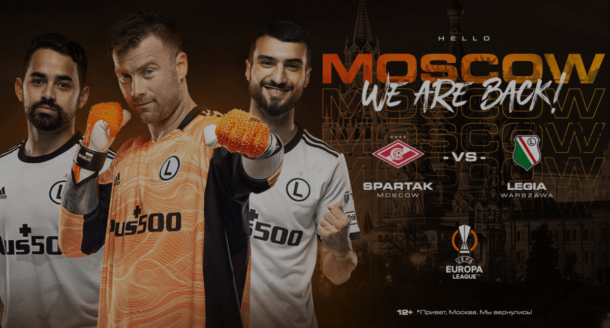 Promotional visual for Legia Warszawa featuring players and match announcement Spartak Moscow vs Legia, used in the case study on Russia-Promo.