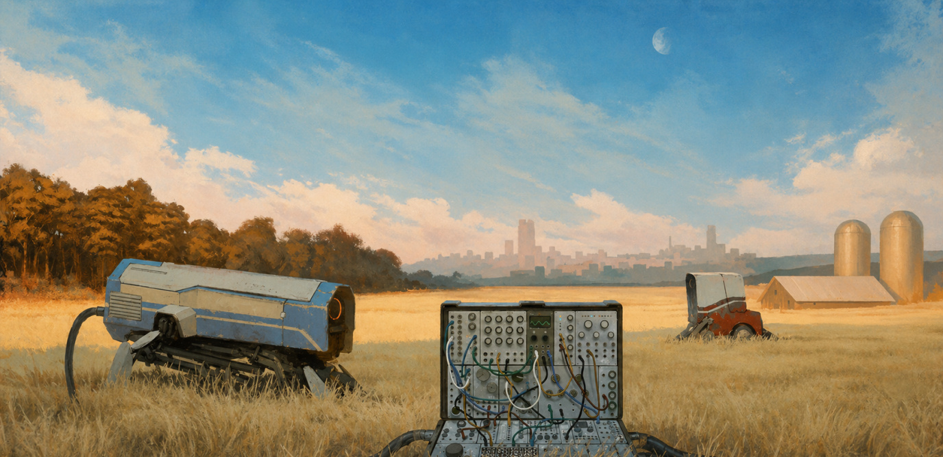 Promotional artwork for The Signal State featuring modular synthesizer equipment in a rural landscape, used in the case study on Russia-Promo.