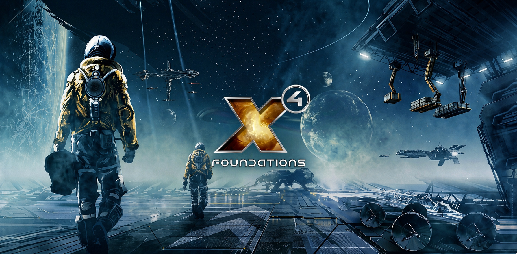 X4: Foundations logo with astronauts in space, representing the game's promotion in the Russian market