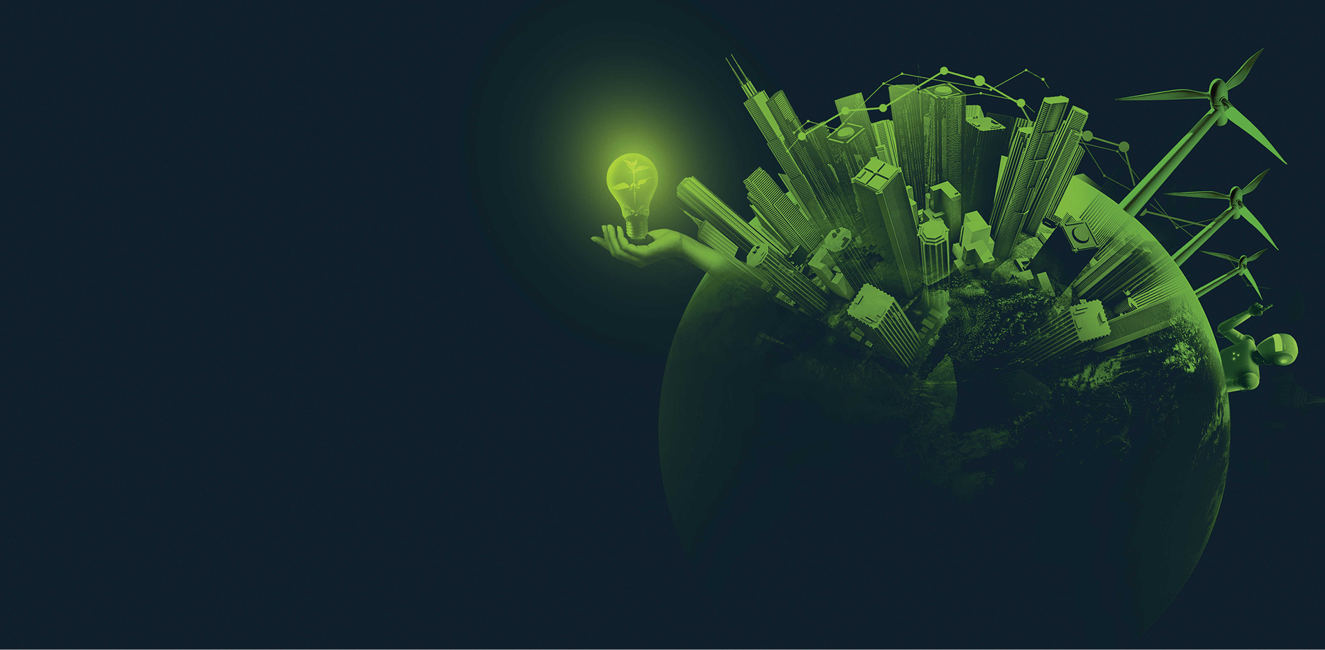 Green futuristic cityscape with renewable energy elements, representing the Saudi Arabia case study on Russia-Promo.