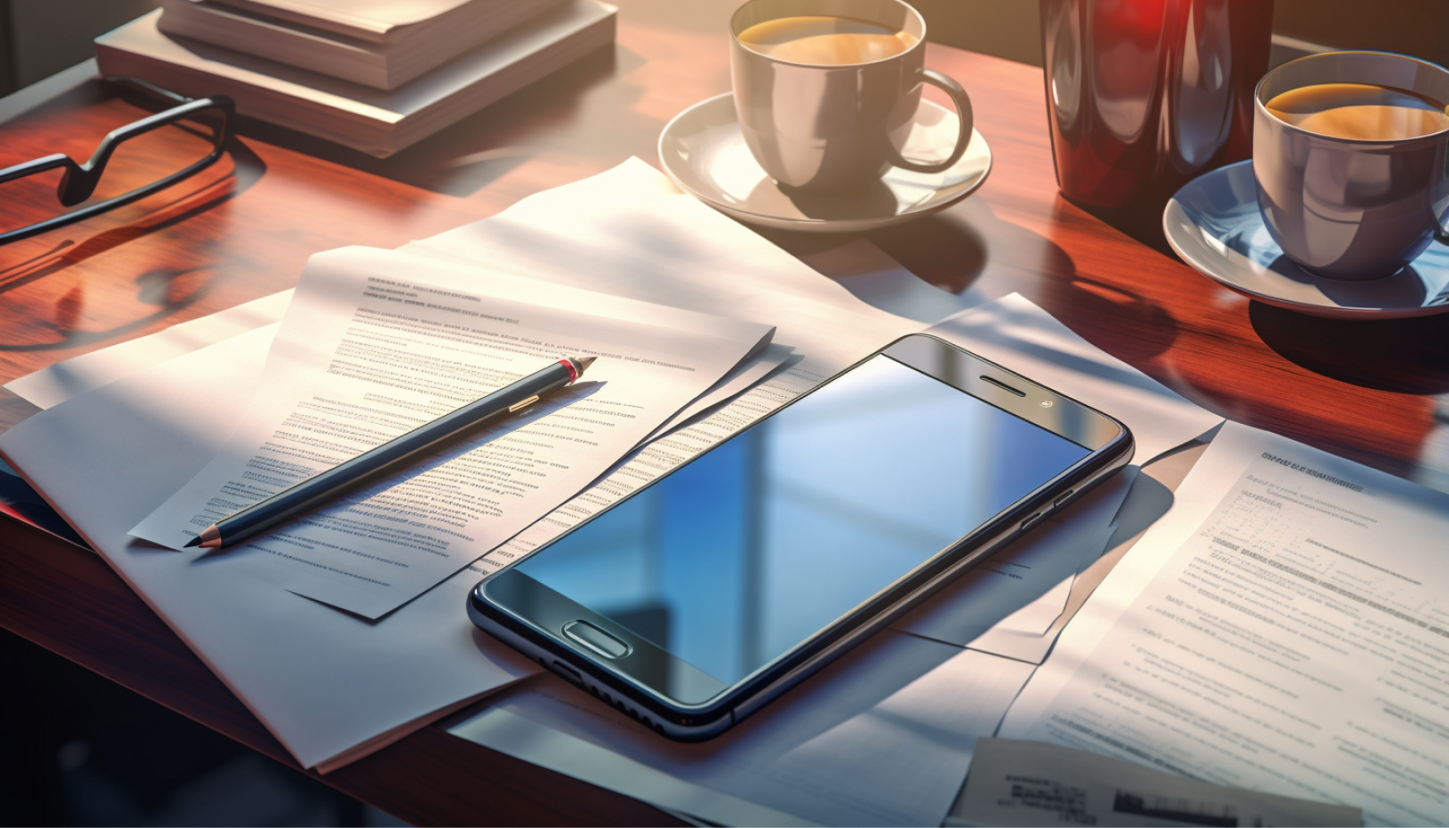 Desk setup with documents, a smartphone, a pencil, and coffee cups, representing the professional environment for Unity Partners' lead generation case study
