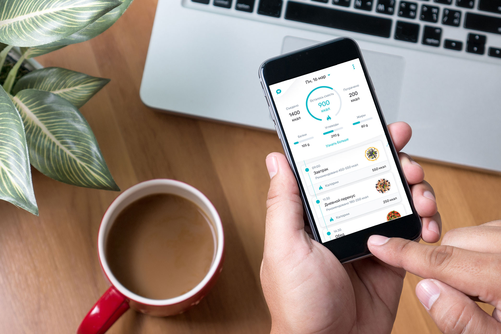 User holding a smartphone with a nutrition tracking app interface, used as a visual in the case study on Russia-Promo