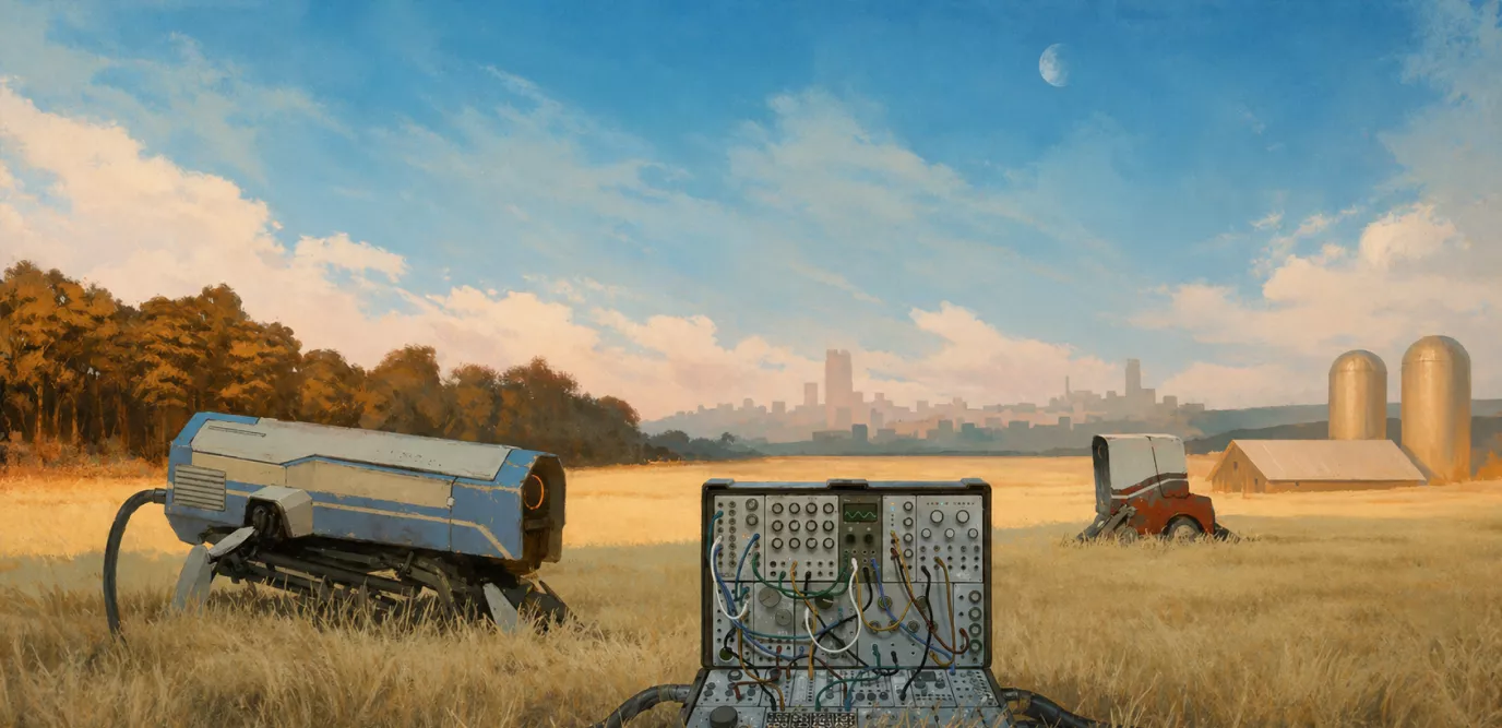 Promotional artwork for The Signal State featuring modular synthesizer equipment in a rural landscape, used in the case study on Russia-Promo.