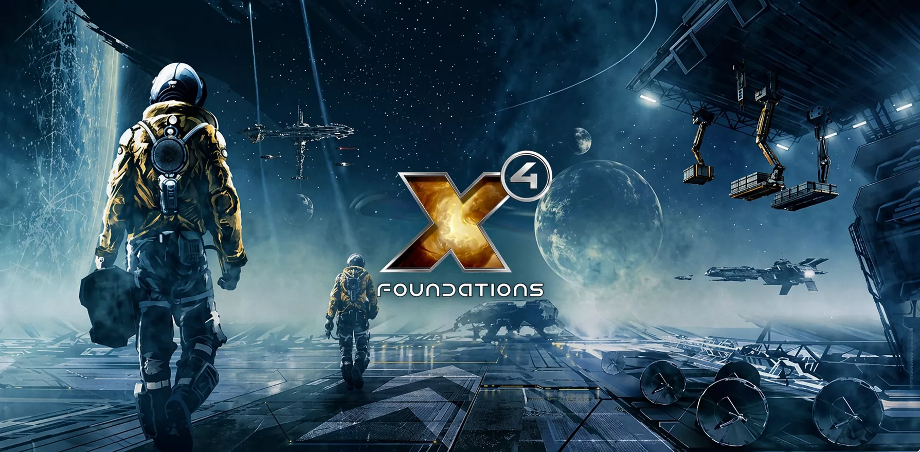 X4: Foundations logo with astronauts in space, representing the game's promotion in the Russian market