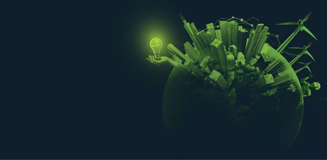 Green futuristic cityscape with renewable energy elements, representing the Saudi Arabia case study on Russia-Promo.