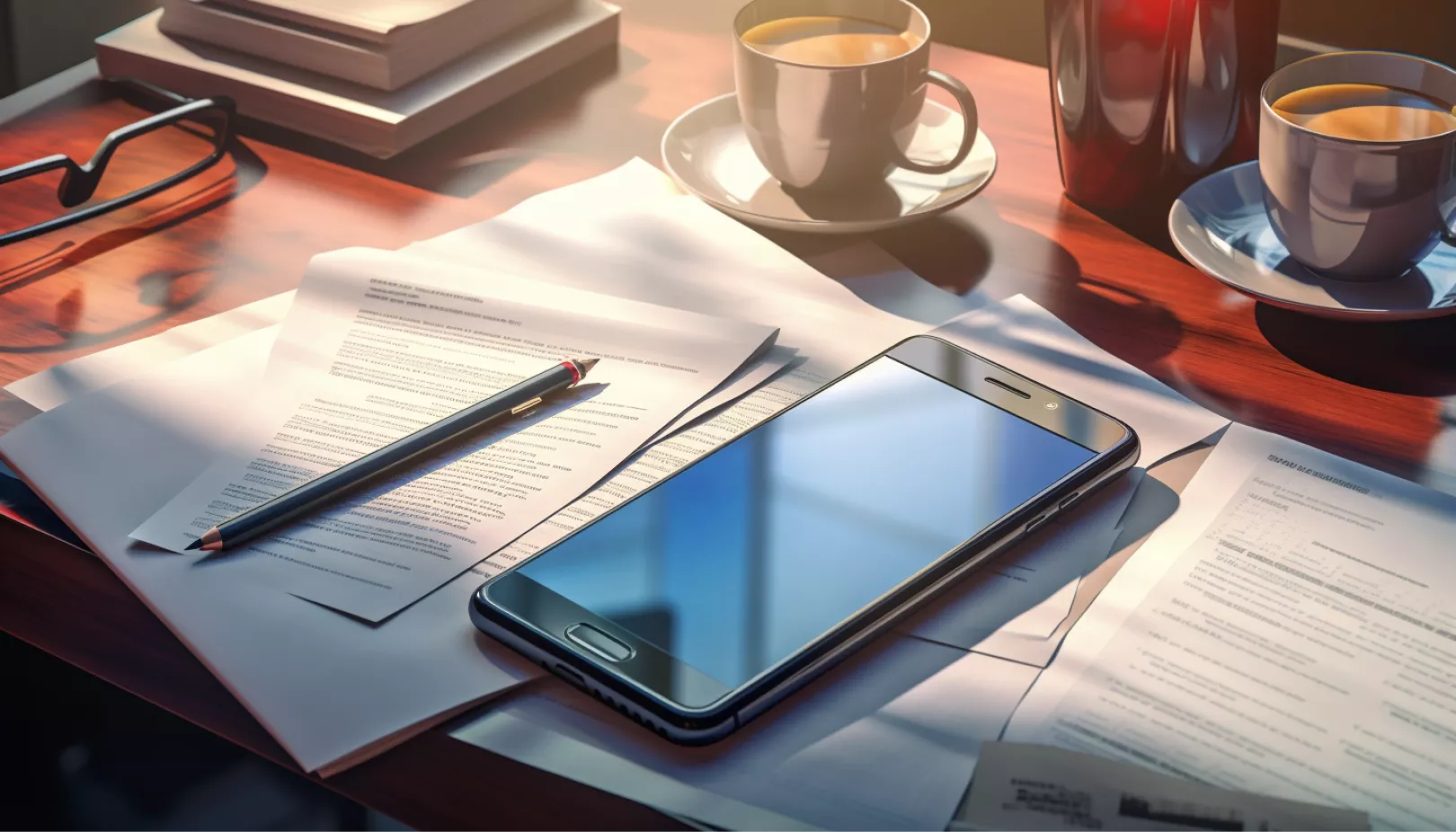 Desk setup with documents, a smartphone, a pencil, and coffee cups, representing the professional environment for Unity Partners' lead generation case study