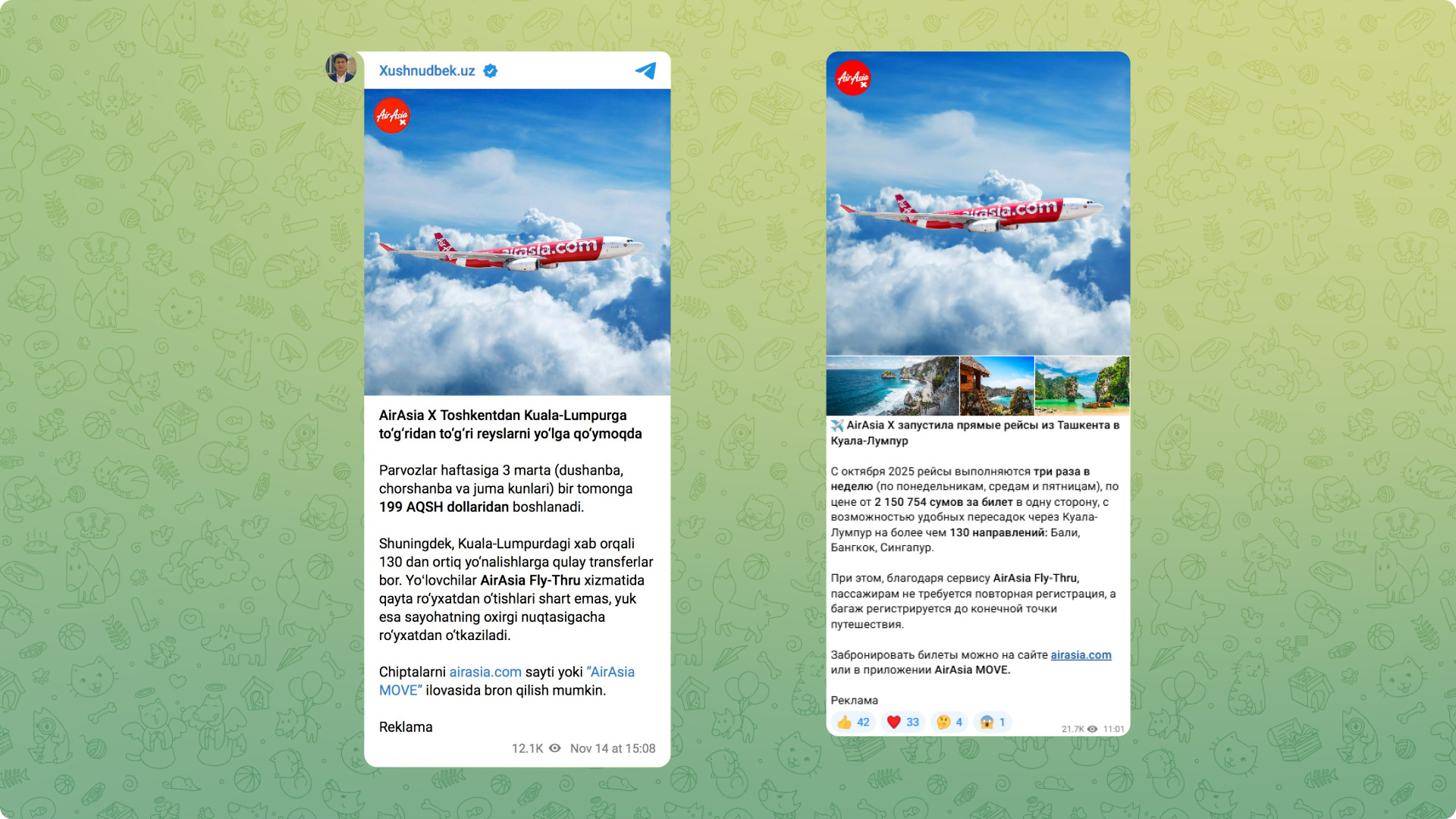 Screenshot of Telegram seeding for Air Asia in Uzbekista