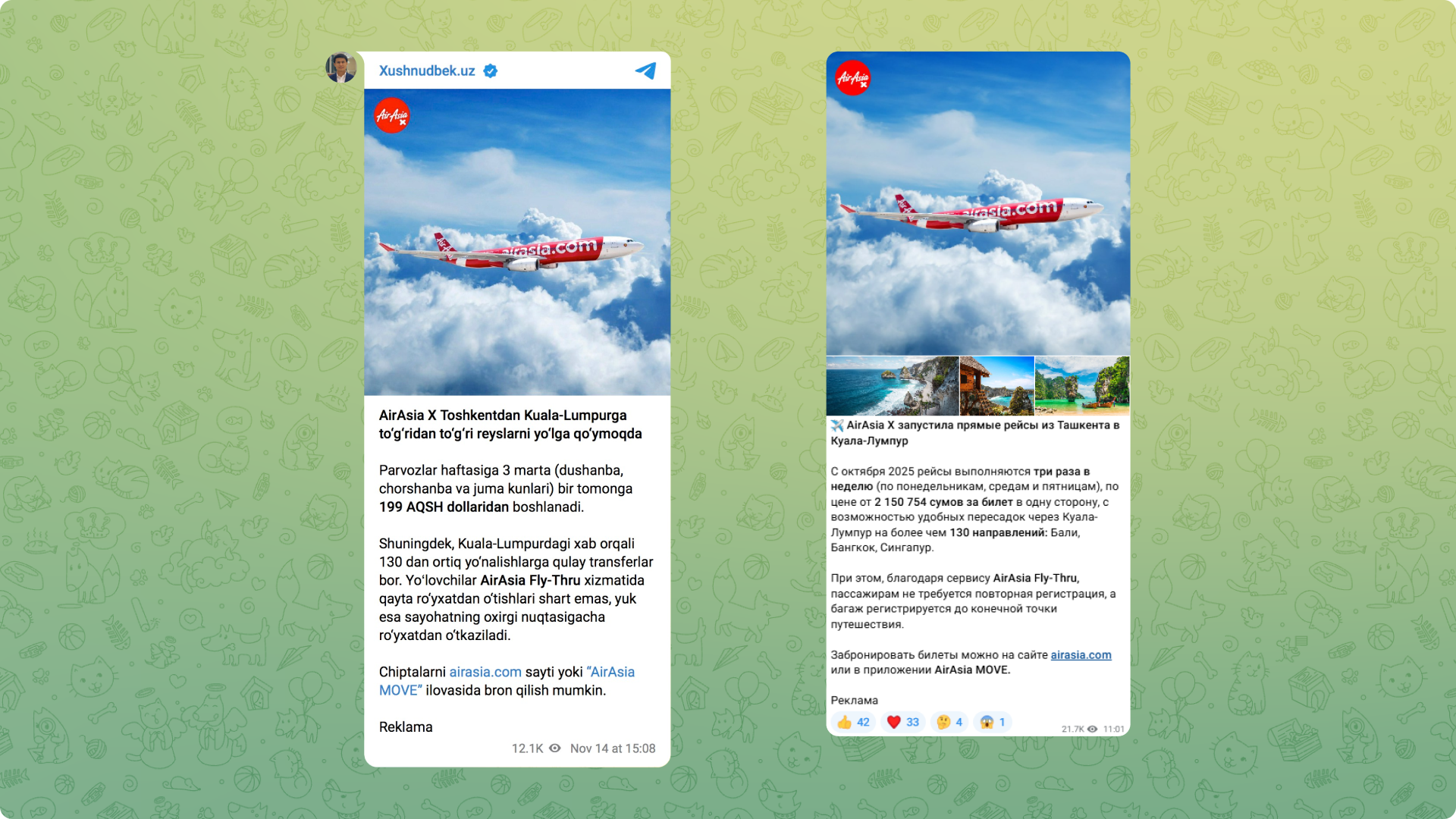 Screenshot of Telegram seeding for Air Asia in Uzbekista