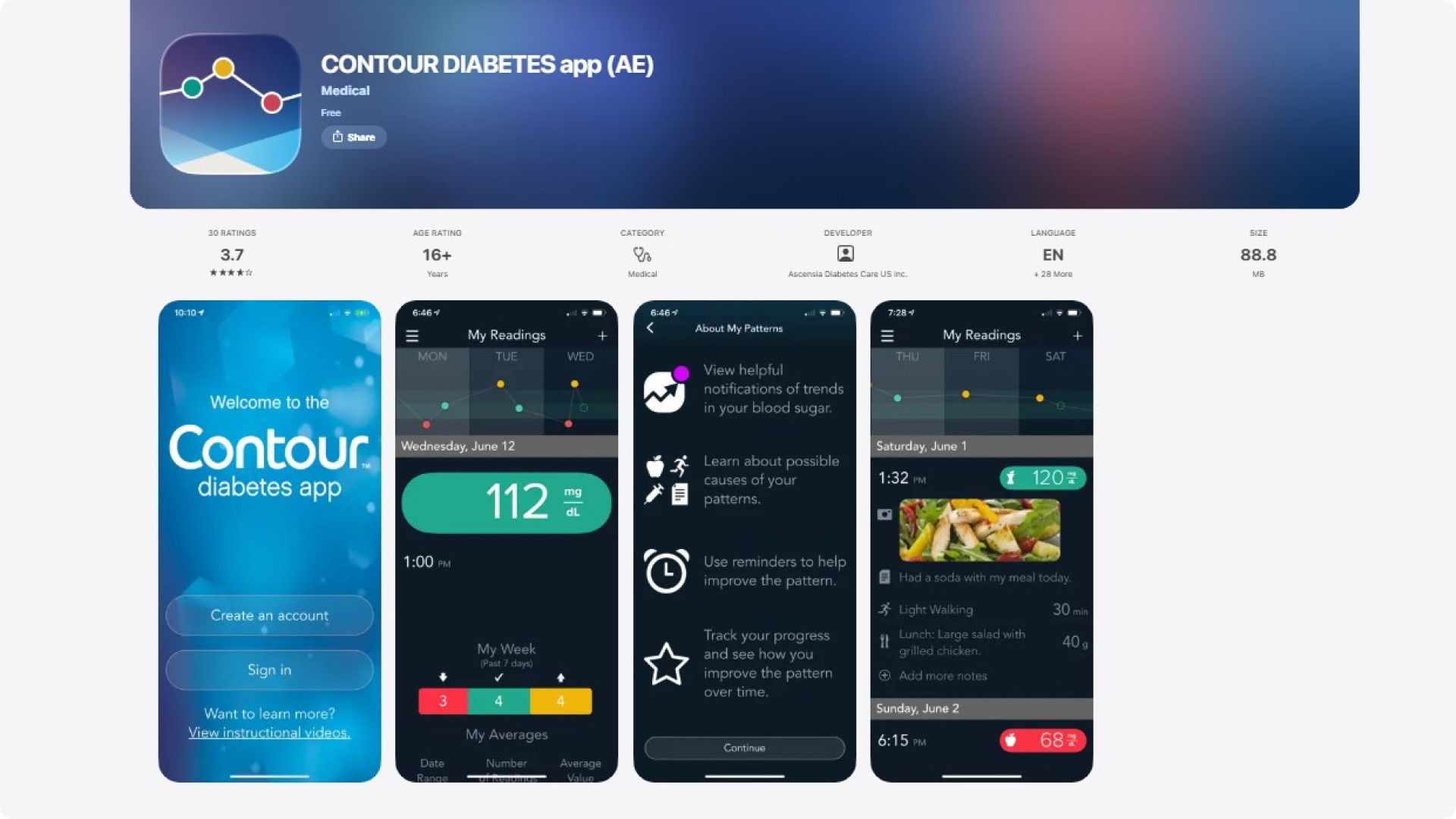 Contour Diabetes App page in Appstore
